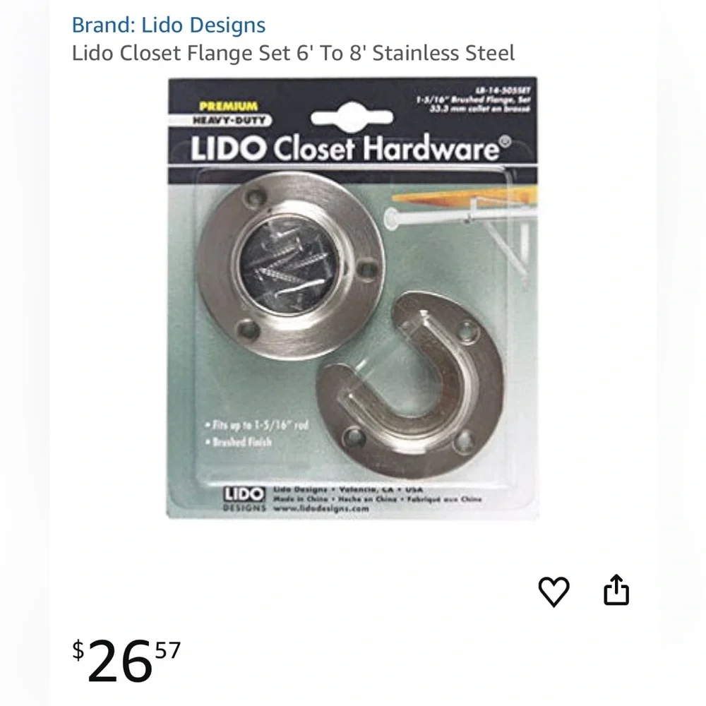 NWT new Lido brand Polished Chrome Steel Closet Flange Set to hold Rods in style